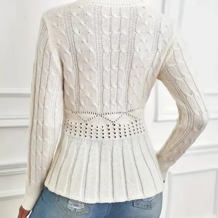 Fitted Cable Knit Peplum Sweater Crew Neck White 3