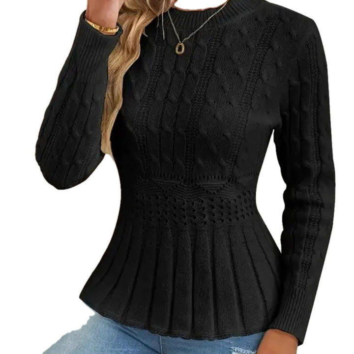 Fitted Cable Knit Peplum Sweater Crew Neck on white