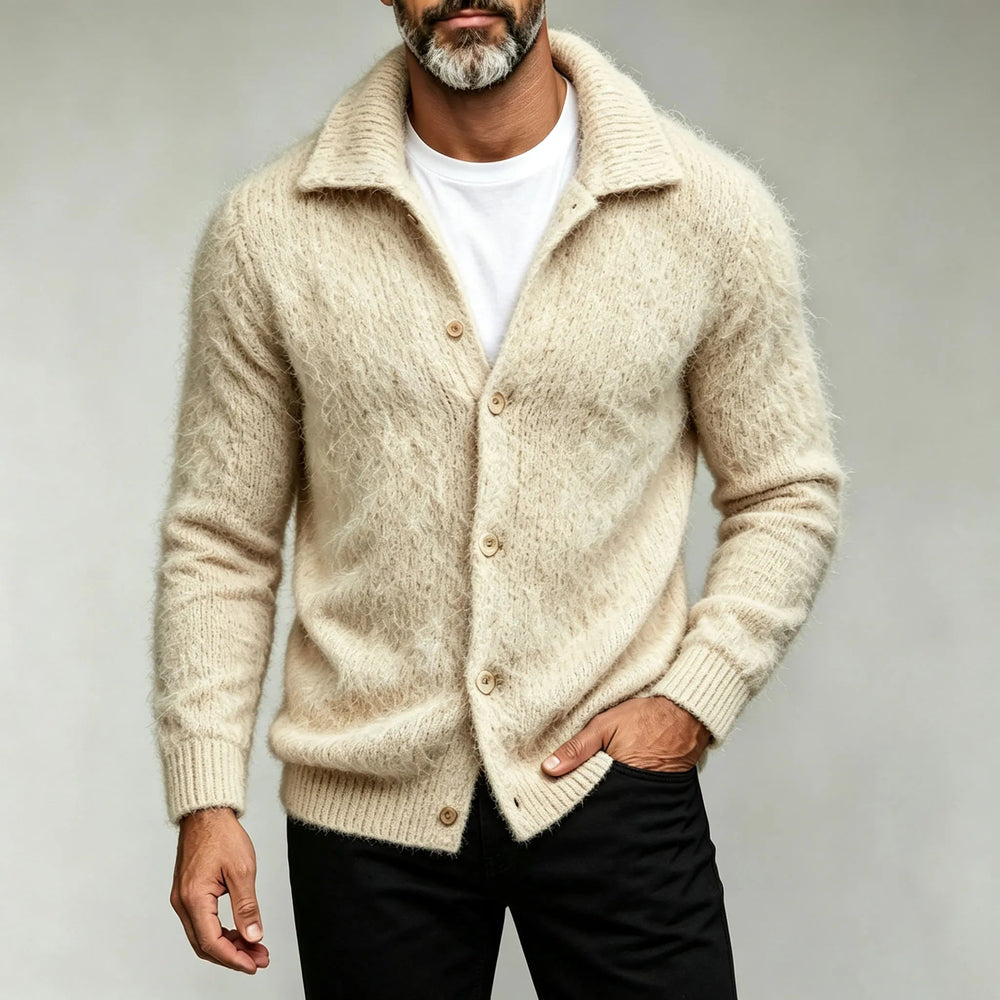 Fitted Cotton Blend Collared Knit Cardigan Cream 1