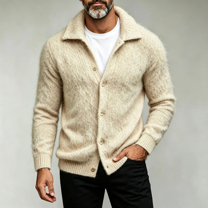 Fitted Cotton Blend Collared Knit Cardigan Cream 1