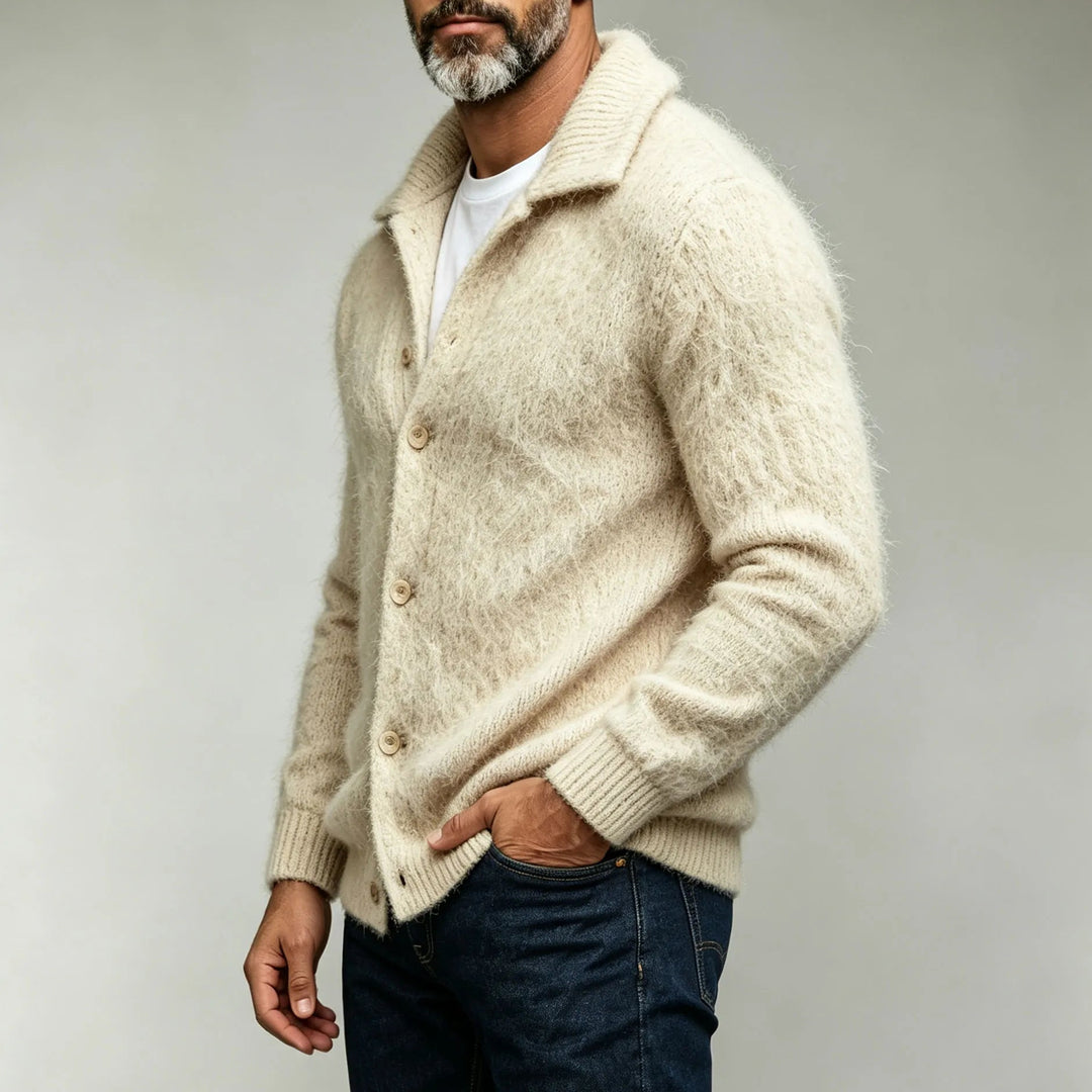 Fitted Cotton Blend Collared Knit Cardigan Cream 2