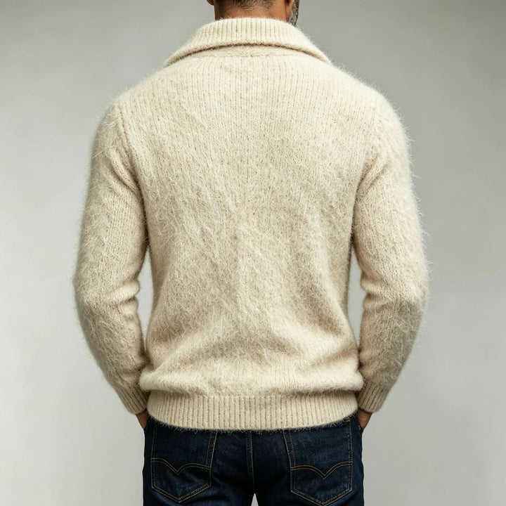 Fitted Cotton Blend Collared Knit Cardigan Cream 3