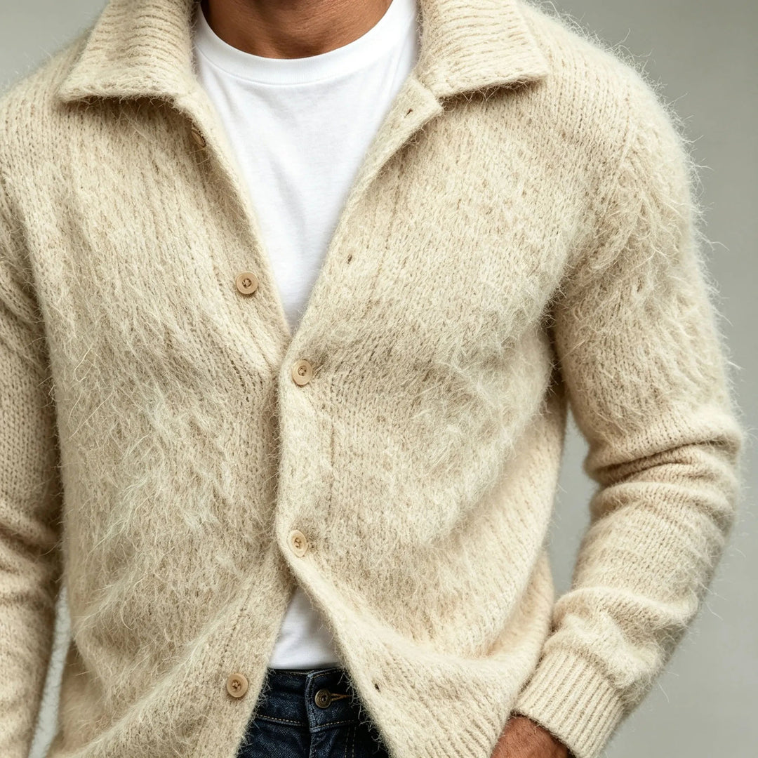 Fitted Cotton Blend Collared Knit Cardigan Cream 4