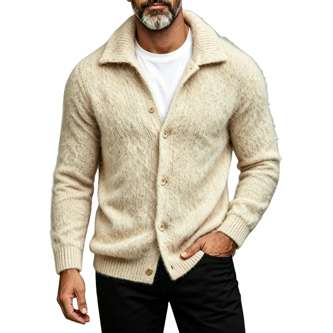 Fitted Cotton Blend Collared Knit Cardigan on white