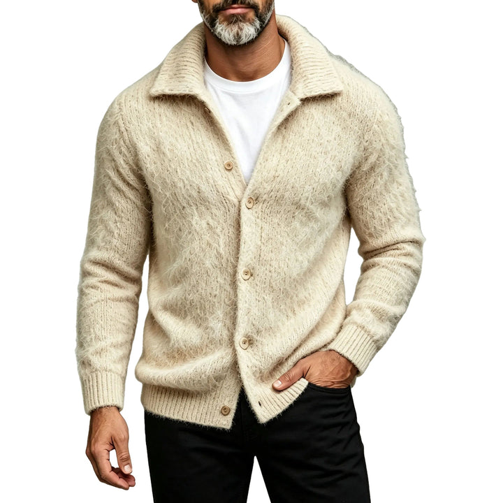 Fitted Cotton Blend Collared Knit Cardigan on white