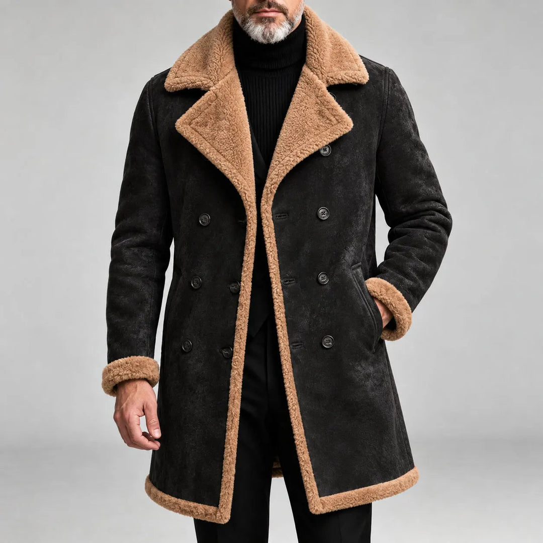 Fitted Faux Leather Sherpa Lapel Double Breasted Jacket Black 1