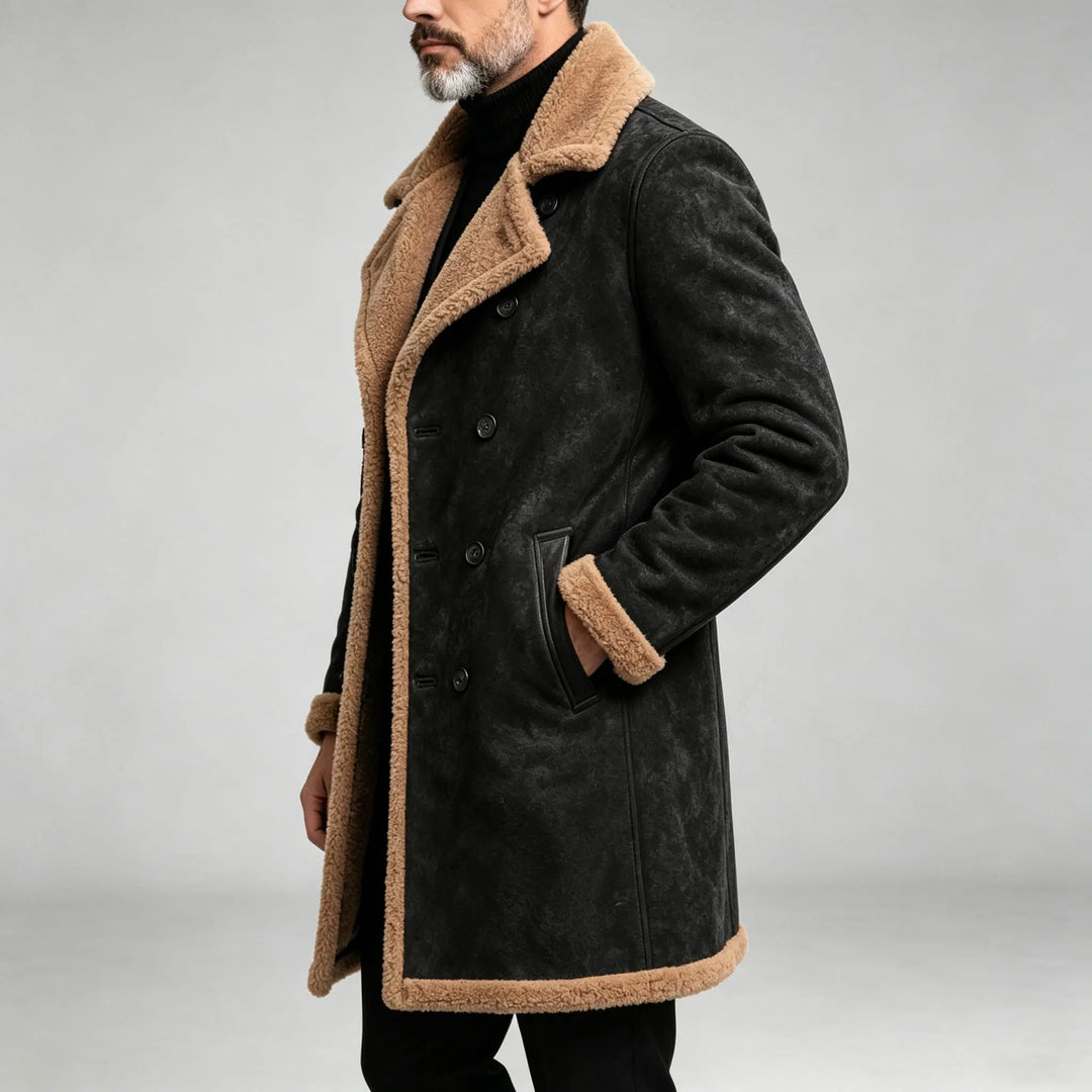 Fitted Faux Leather Sherpa Lapel Double Breasted Jacket Black 3