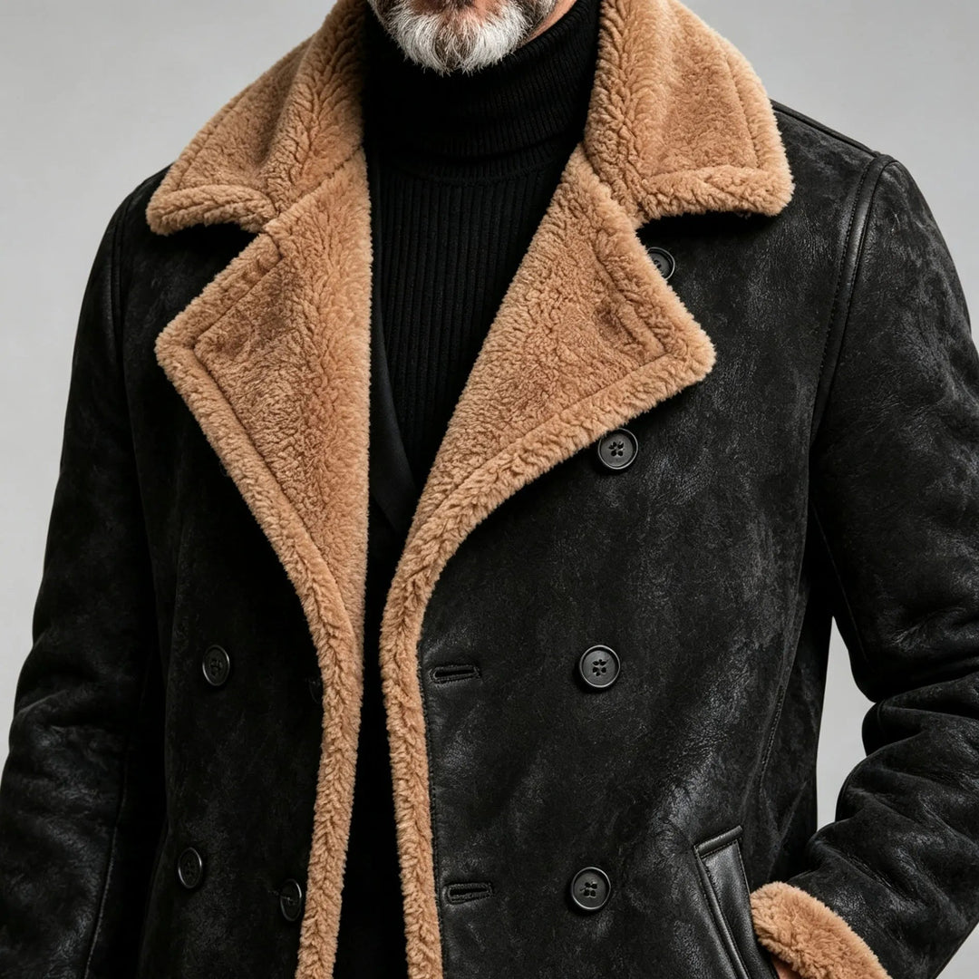 Fitted Faux Leather Sherpa Lapel Double Breasted Jacket Black 4