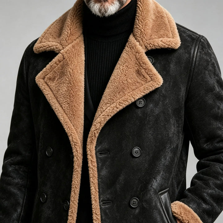 Fitted Faux Leather Sherpa Lapel Double Breasted Jacket Black 4