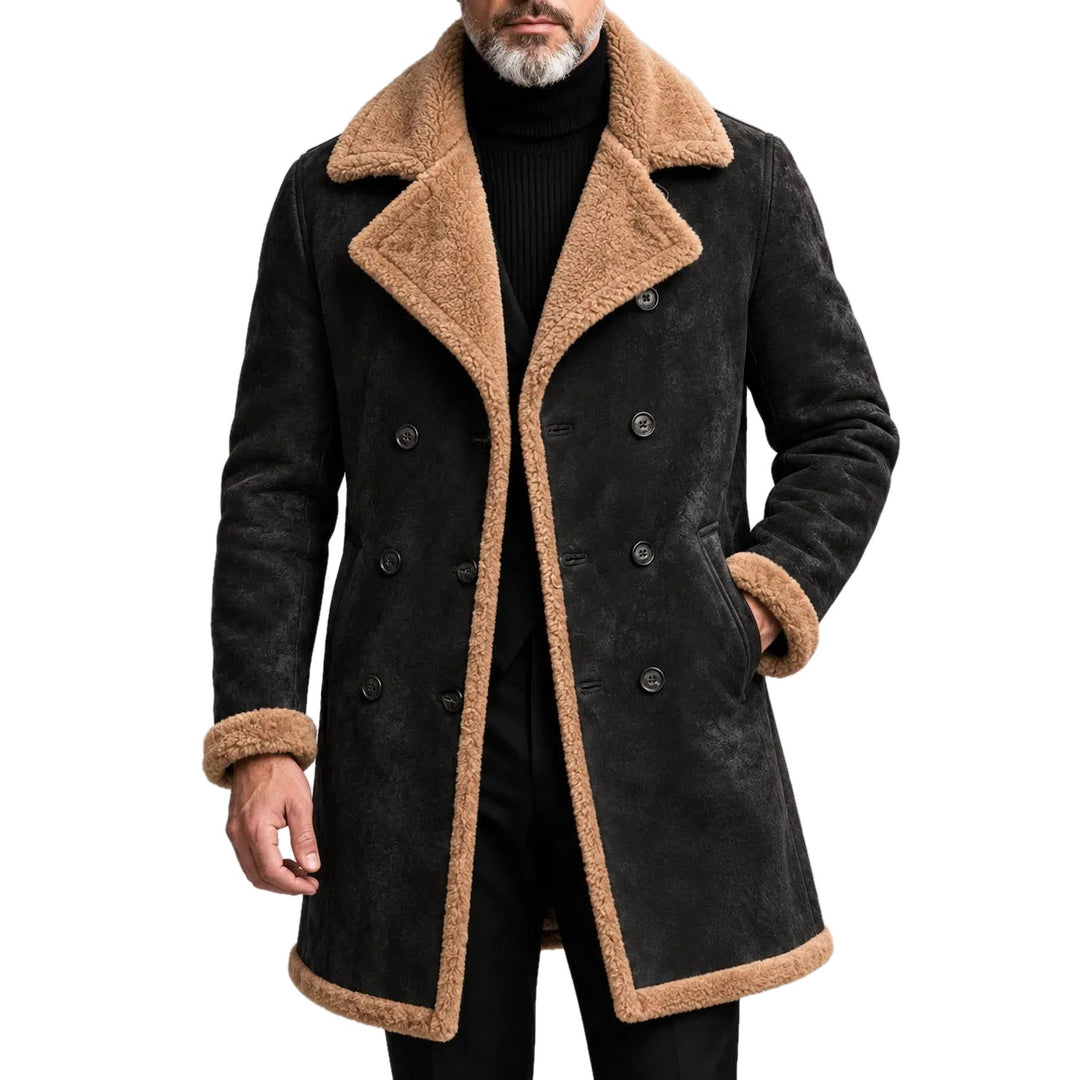 Fitted Faux Leather Sherpa Lapel Double Breasted Jacket on white