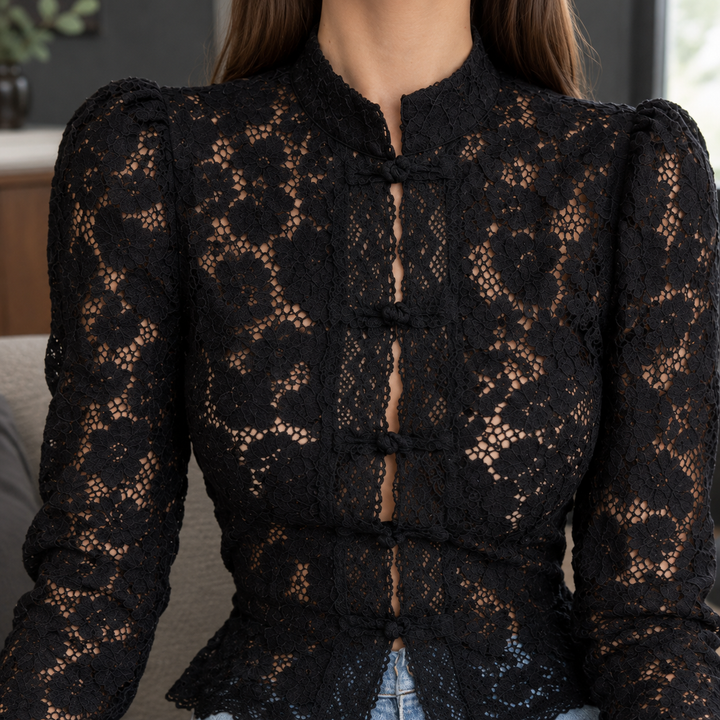 Fitted Floral Lace Blouse Stand Collar Black 2