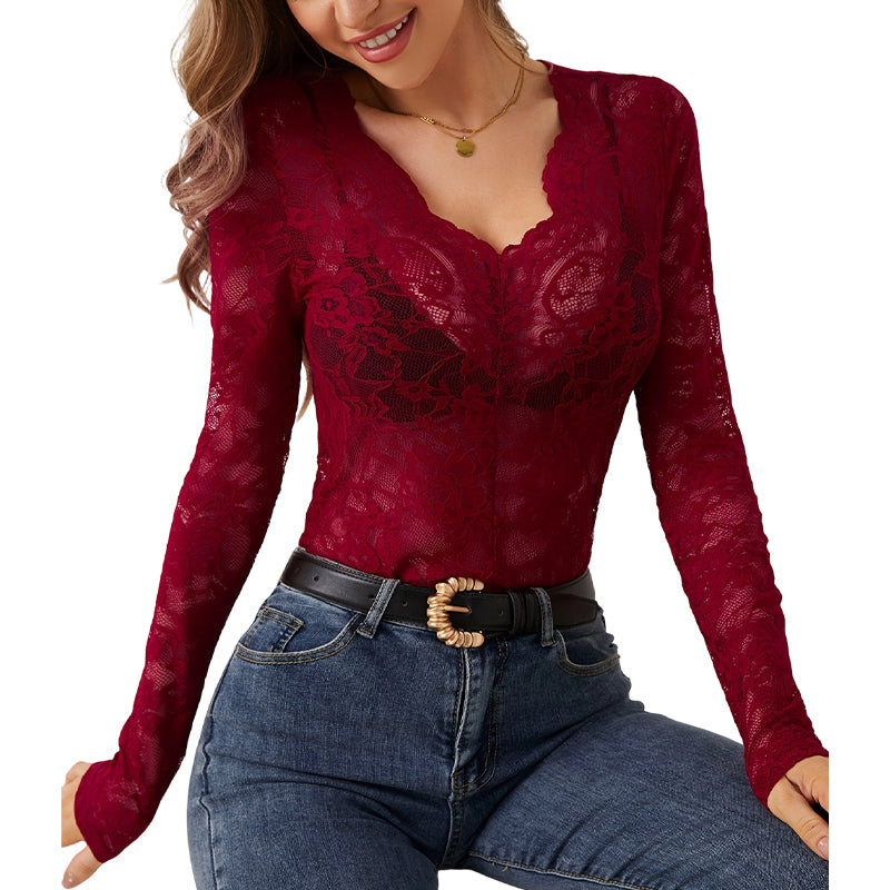 Fitted Floral Lace Top Scalloped V Neck Long Sleeve Burgundy 1