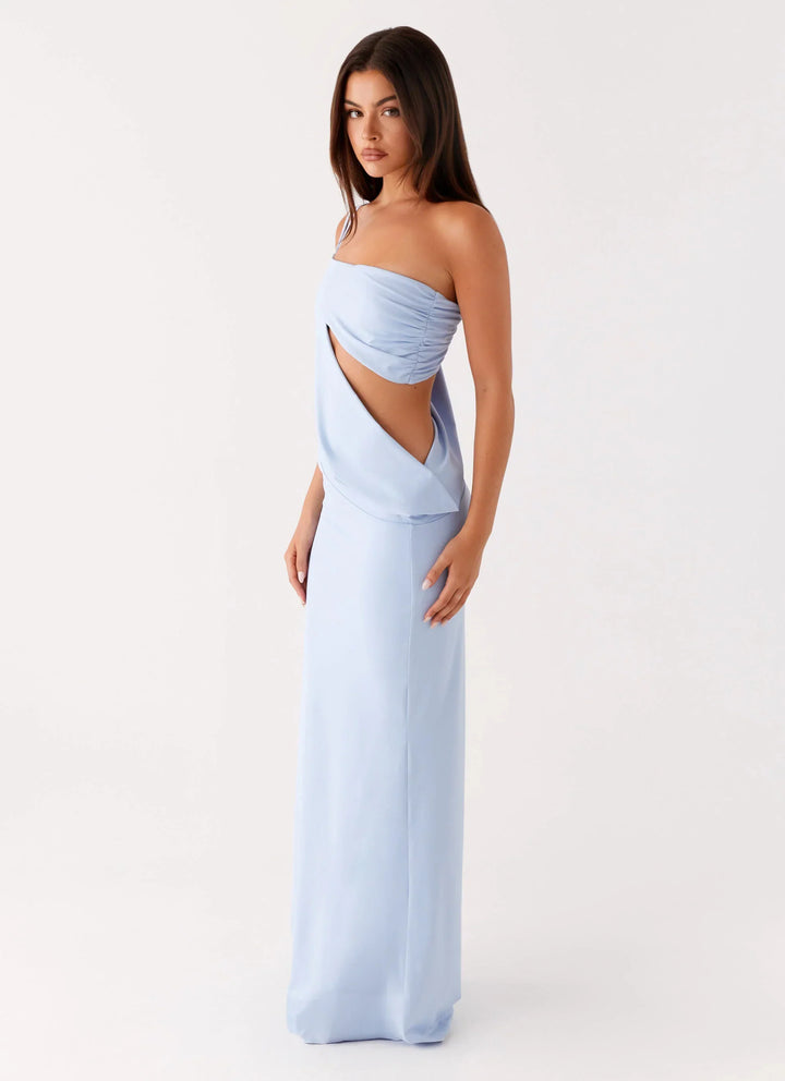 Fitted One Shoulder Cutout Maxi Dress Light Blue 1