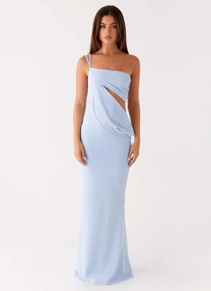 Fitted One Shoulder Cutout Maxi Dress Light Blue 2