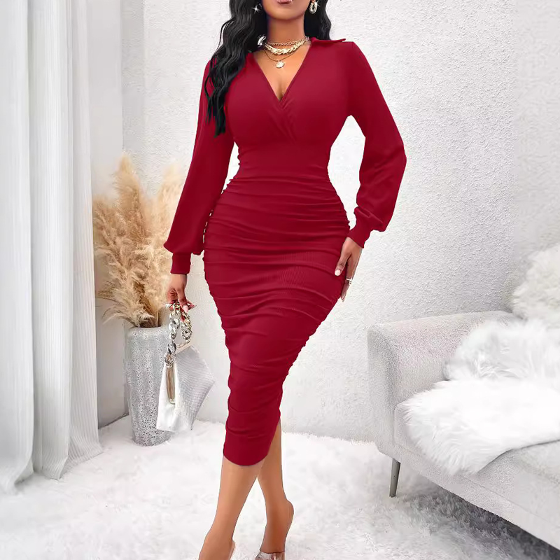 Fitted Ruched V Neck Lantern Sleeve Midi Dress Burgundy 2