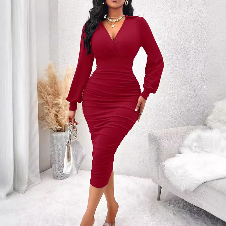 Fitted Ruched V Neck Lantern Sleeve Midi Dress Burgundy 2