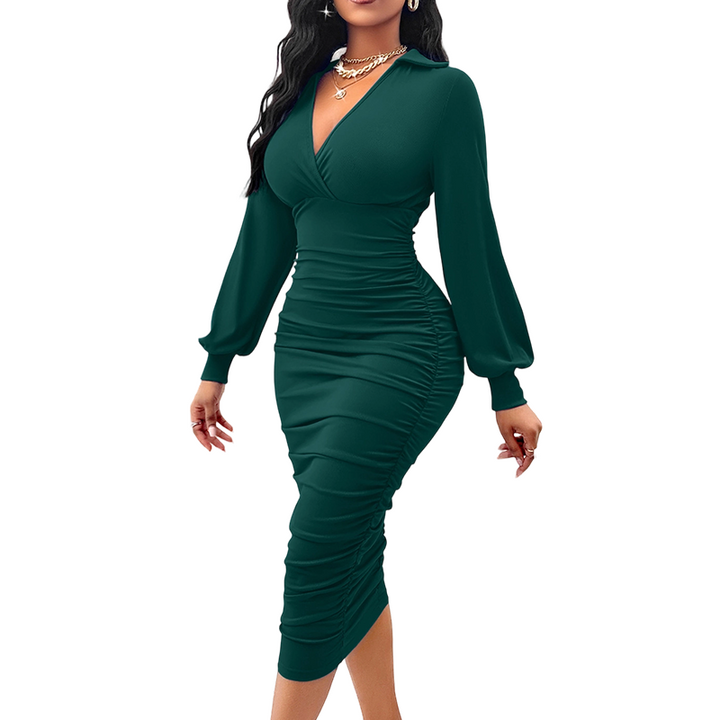Fitted Ruched V Neck Lantern Sleeve Midi Dress Dark Green 1