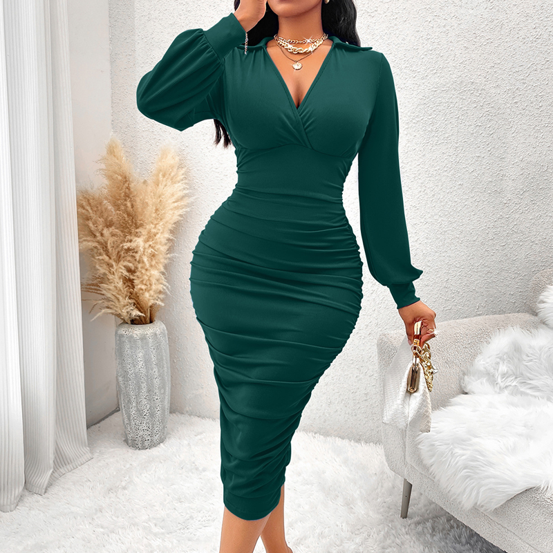 Fitted Ruched V Neck Lantern Sleeve Midi Dress Dark Green 2