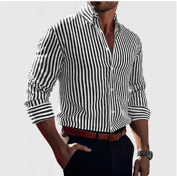 Fitted Vertical Stripe Long Sleeve Dress Shirt Black 1