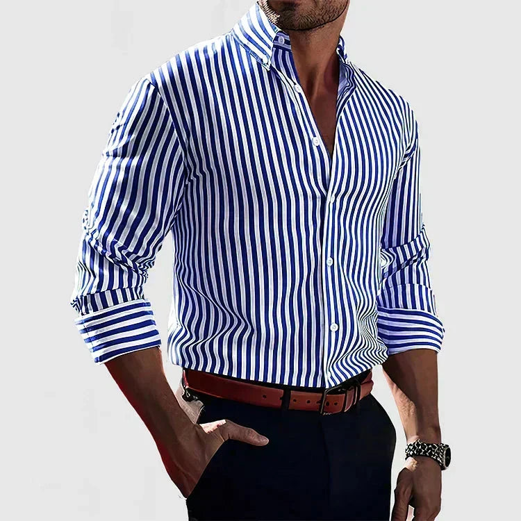 Fitted Vertical Stripe Long Sleeve Dress Shirt Dark Blue 1