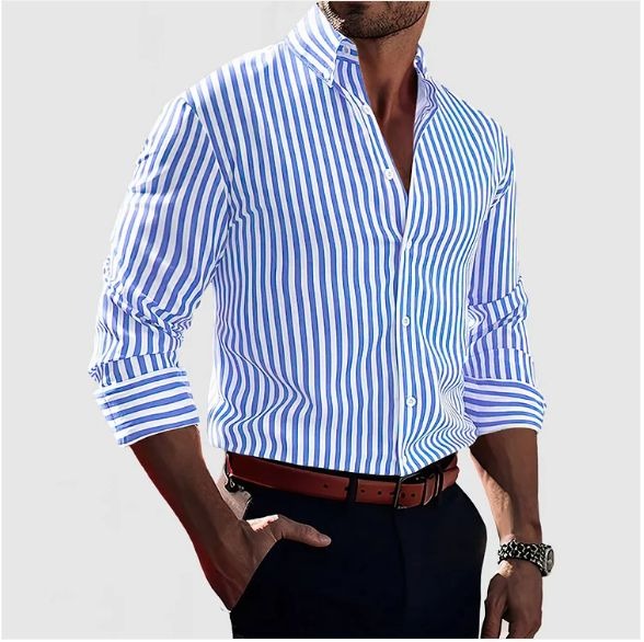 Fitted Vertical Stripe Long Sleeve Dress Shirt Light Blue 1