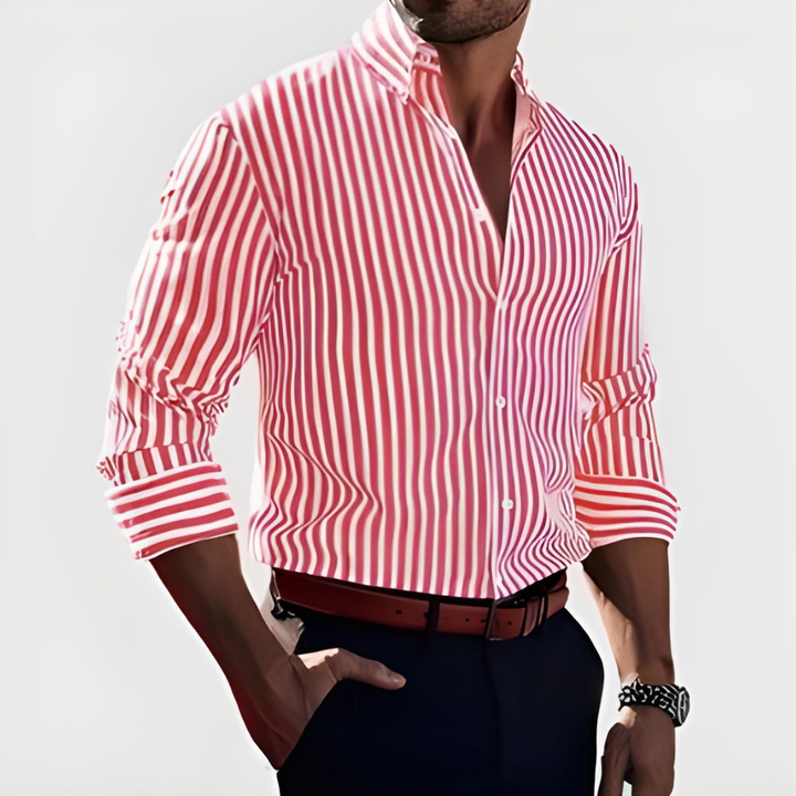 Fitted Vertical Stripe Long Sleeve Dress Shirt Red 1