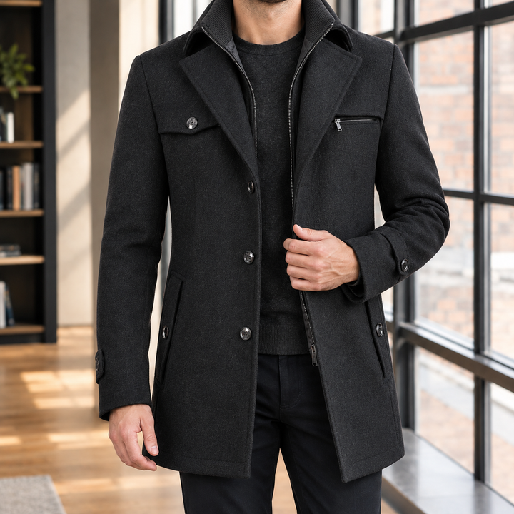 Fitted Wool Blend Double Collar Coat Black 1