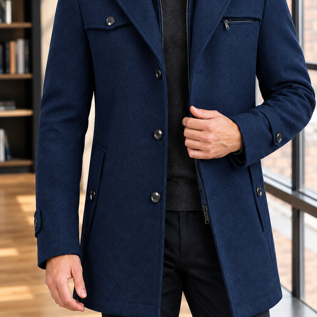 Fitted Wool Blend Double Collar Coat Blue 1