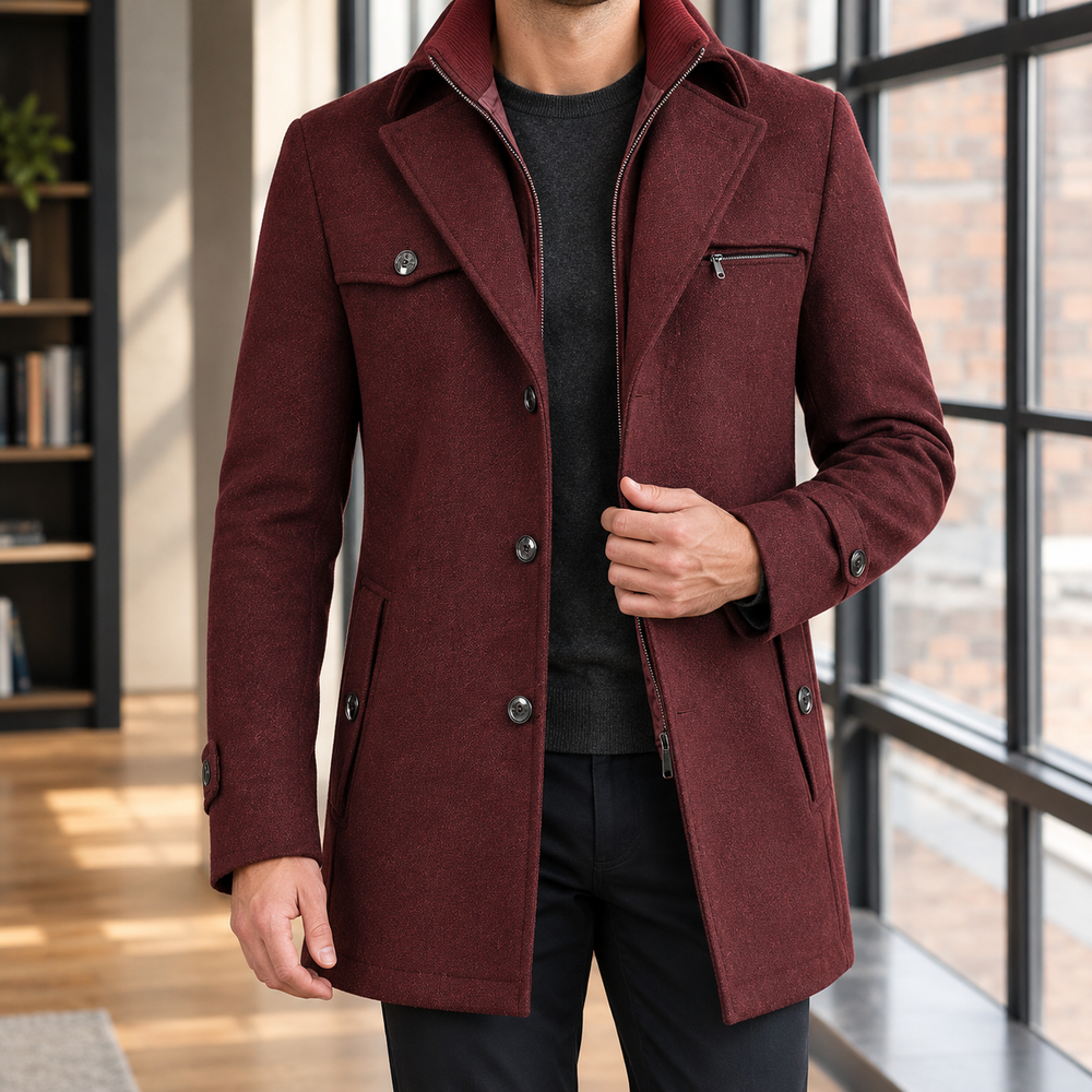 Fitted Wool Blend Double Collar Coat Burgundy 1