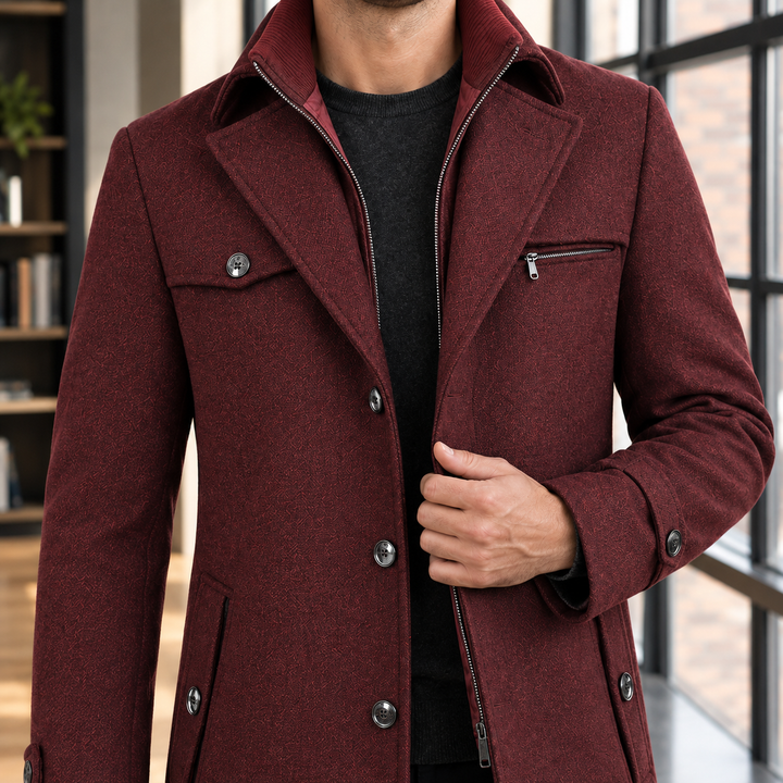 Fitted Wool Blend Double Collar Coat Burgundy 2
