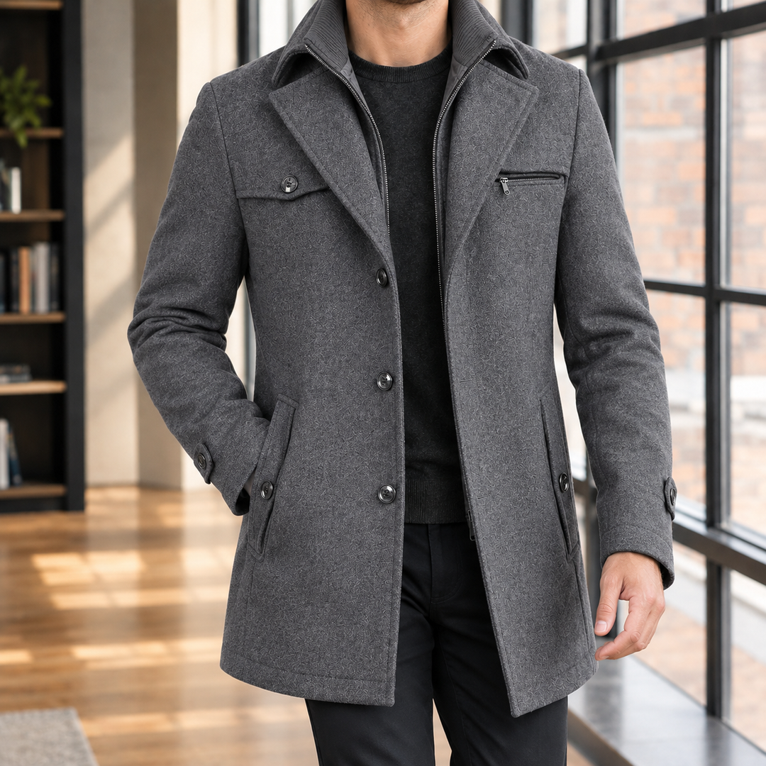 Fitted Wool Blend Double Collar Coat Gray 1