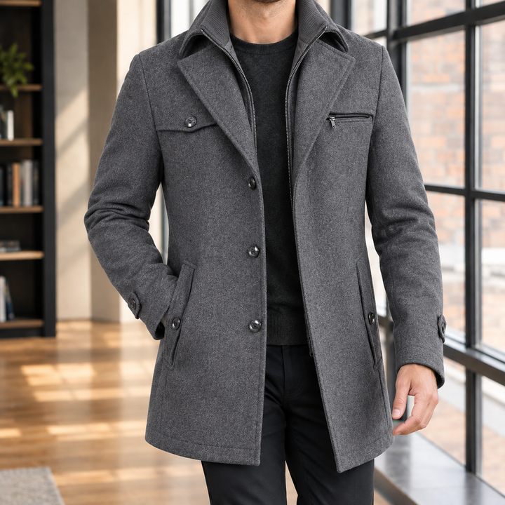 Fitted Wool Blend Double Collar Coat Gray 1