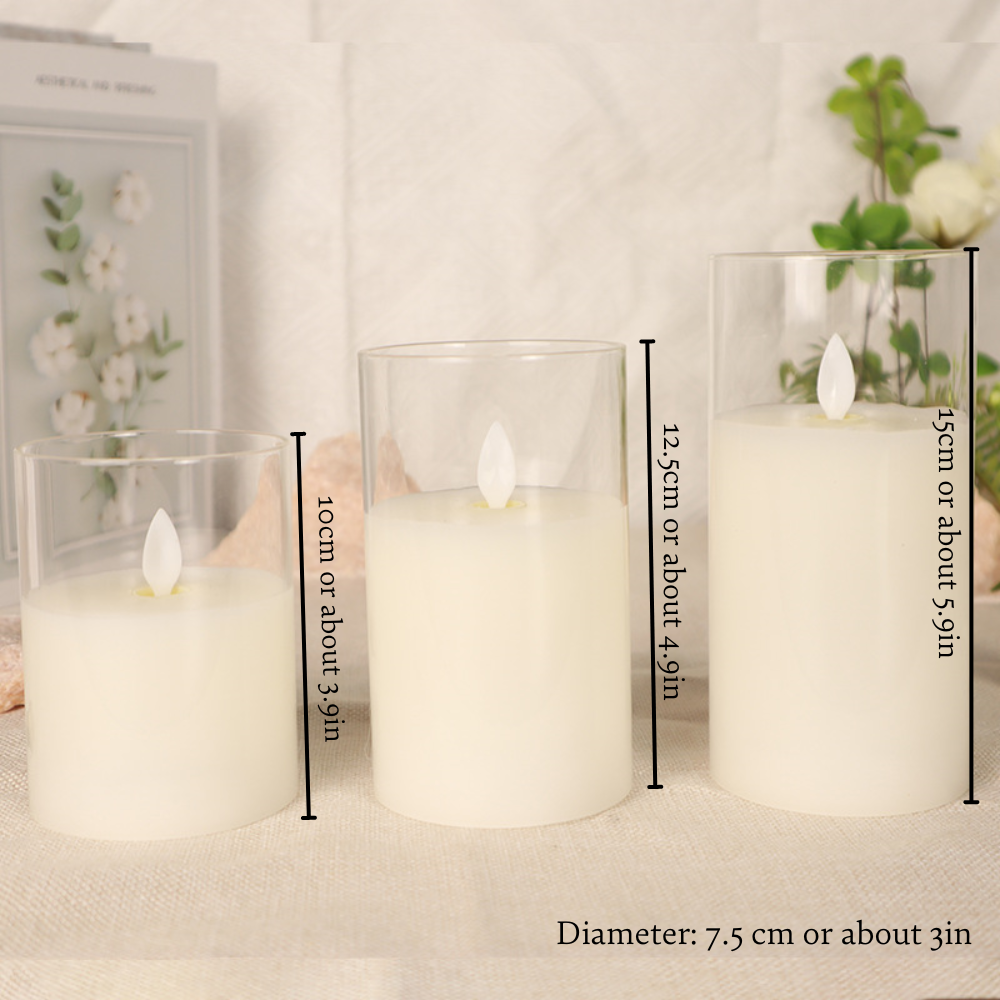 Flameless LED Pillar Candles Set of 3 with Remote Glass 1