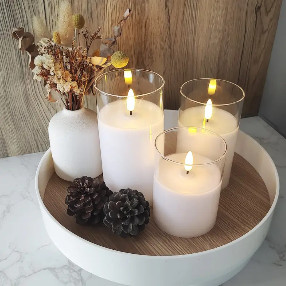 Flameless LED Pillar Candles Set of 3 with Remote Glass 2