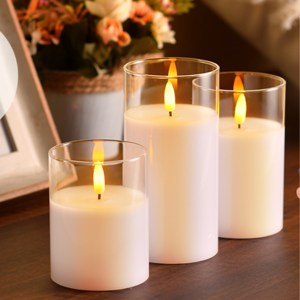 Flameless LED Pillar Candles Set of 3 with Remote Glass 3