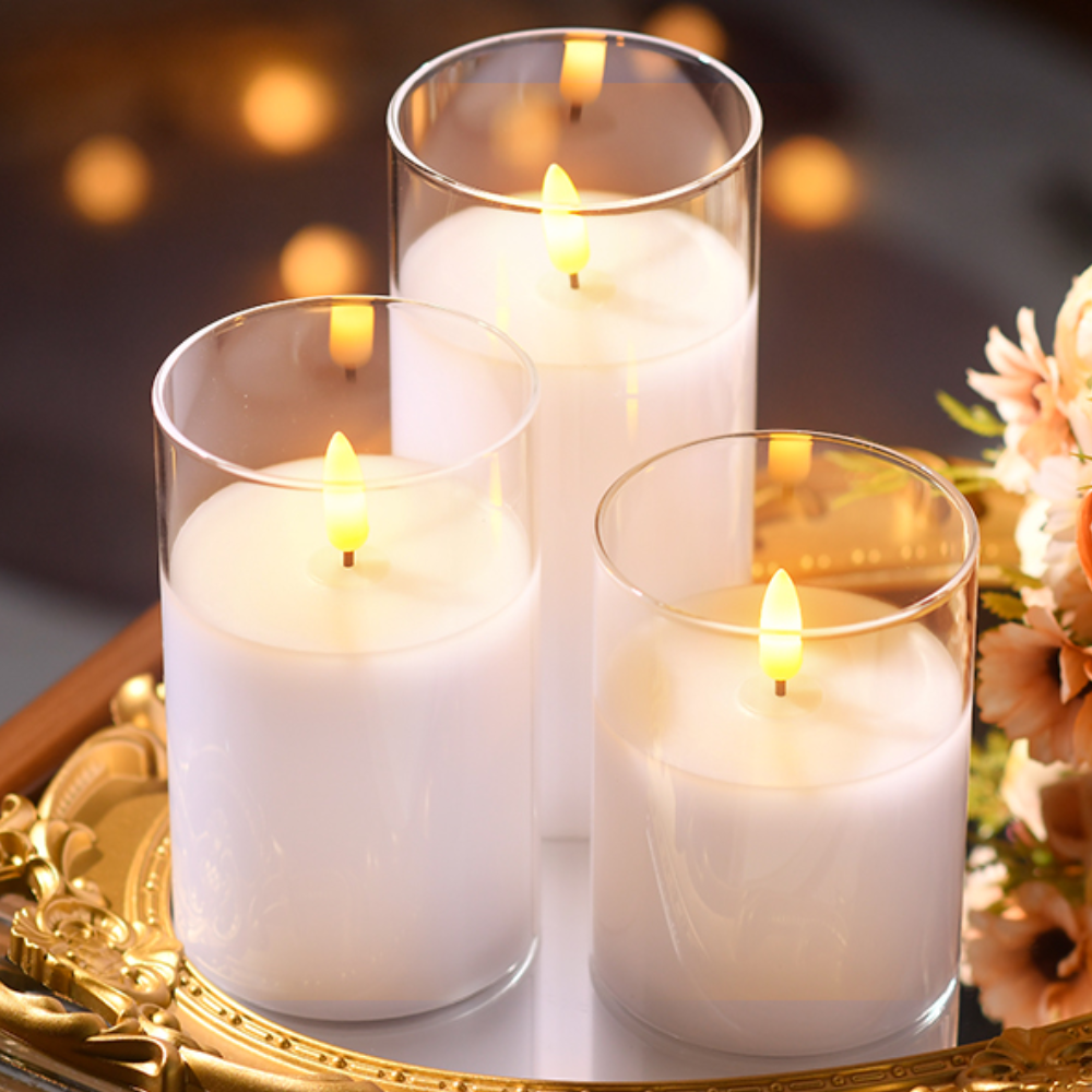 Flameless LED Pillar Candles Set of 3 with Remote Glass 4