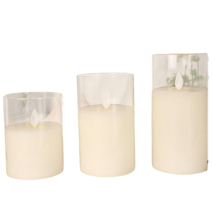 Flameless LED Pillar Candles Set of 3 with Remote Glass on white