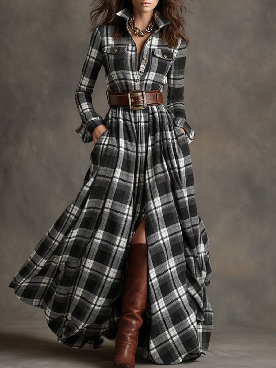 Flared Plaid Belted Long Sleeve Maxi Shirt Dress Black Plaid 1
