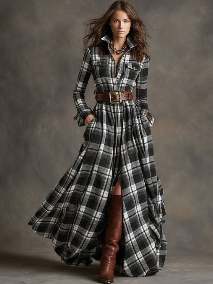 Flared Plaid Belted Long Sleeve Maxi Shirt Dress Black Plaid 2