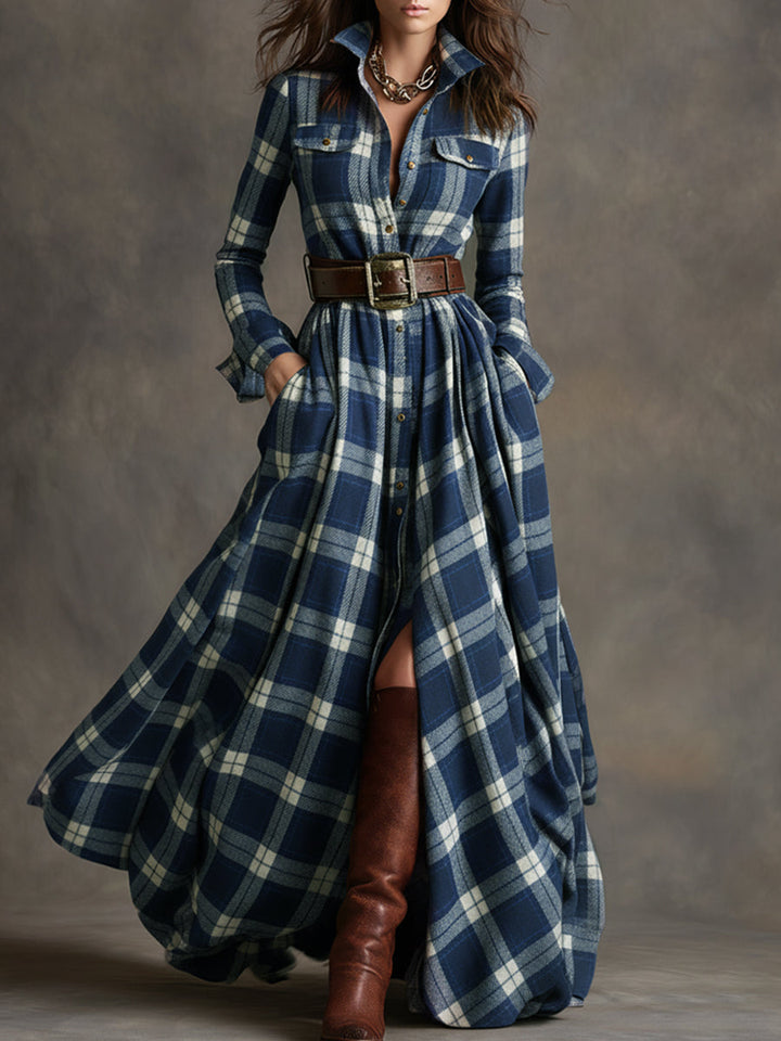 Flared Plaid Belted Long Sleeve Maxi Shirt Dress Blue Plaid 1