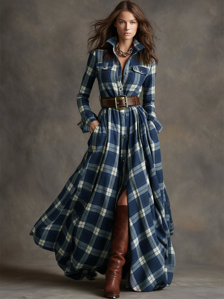 Flared Plaid Belted Long Sleeve Maxi Shirt Dress Blue Plaid 2