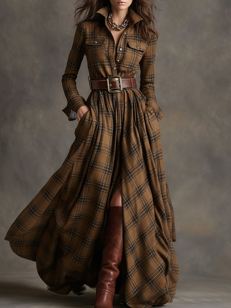 Flared Plaid Belted Long Sleeve Maxi Shirt Dress Brown Plaid 1