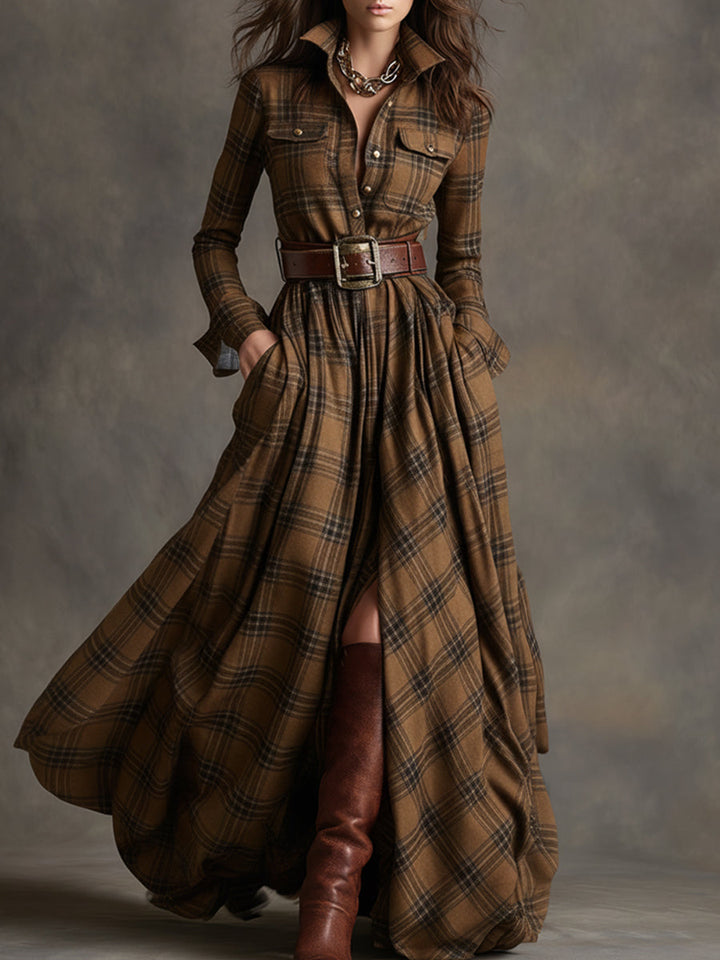 Flared Plaid Belted Long Sleeve Maxi Shirt Dress Brown Plaid 1