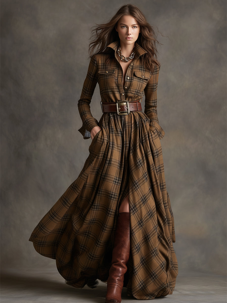 Flared Plaid Belted Long Sleeve Maxi Shirt Dress Brown Plaid 2