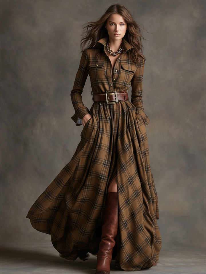 Flared Plaid Belted Long Sleeve Maxi Shirt Dress Brown Plaid 2