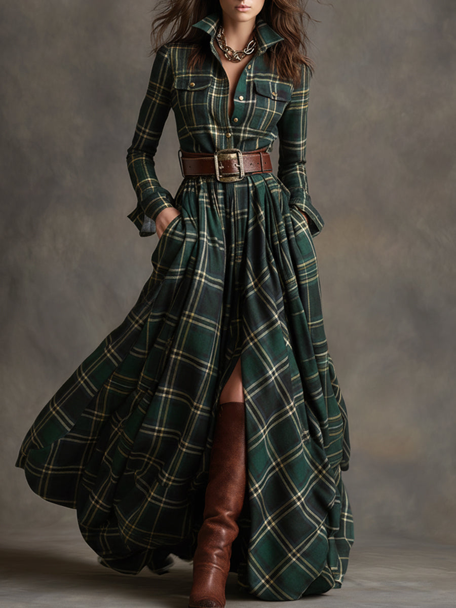 Flared Plaid Belted Long Sleeve Maxi Shirt Dress Green Plaid 1
