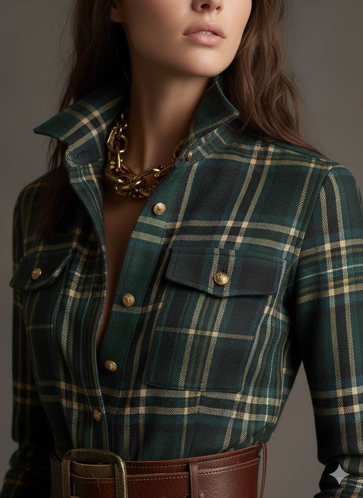 Flared Plaid Belted Long Sleeve Maxi Shirt Dress Green Plaid 2
