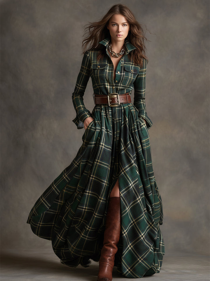 Flared Plaid Belted Long Sleeve Maxi Shirt Dress Green Plaid 3