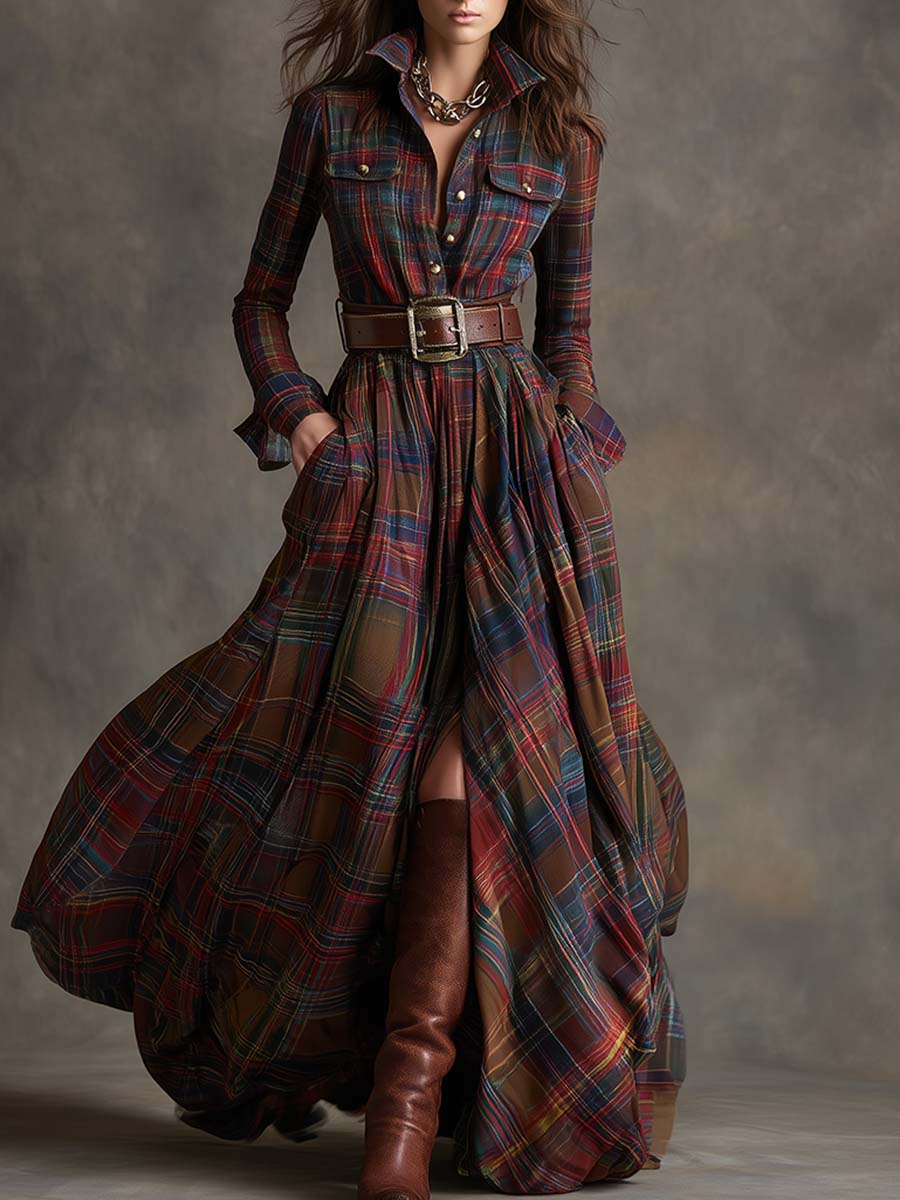 Flared Plaid Belted Long Sleeve Maxi Shirt Dress Red Plaid 1