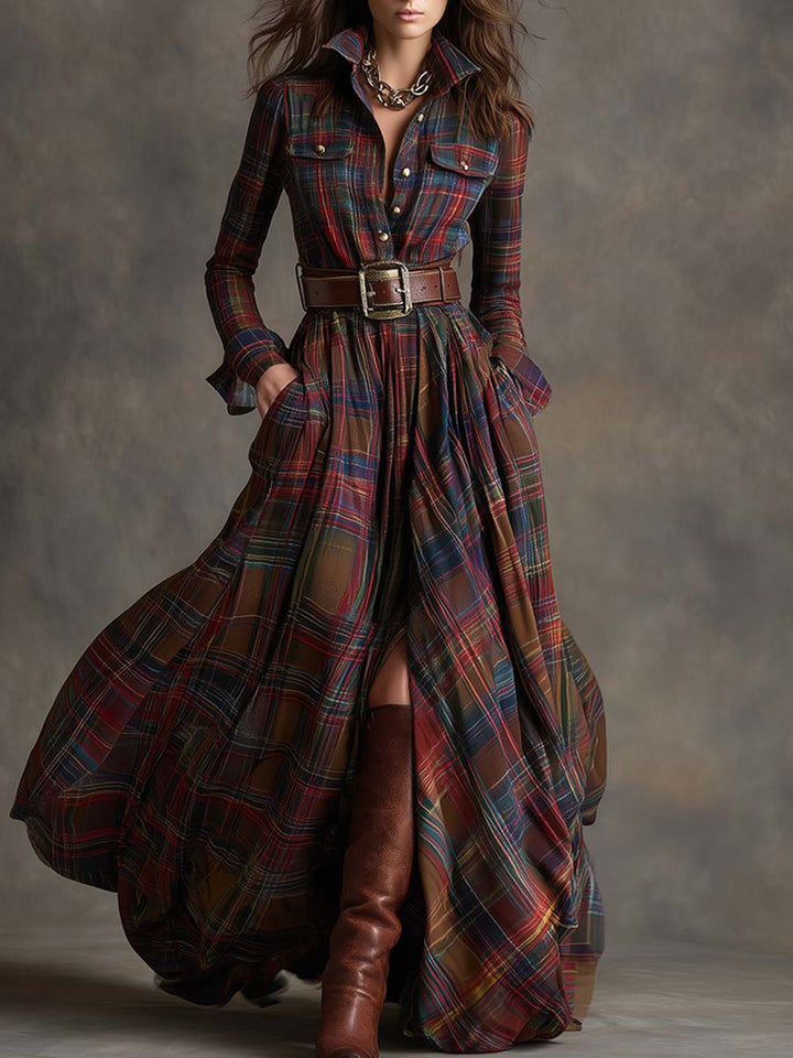 Flared Plaid Belted Long Sleeve Maxi Shirt Dress Red Plaid 1